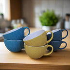 6 kubków z kamionki w trzech kolorach żółtym, turkusowym i granatowym 