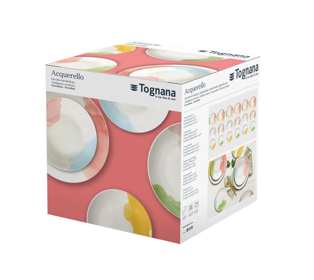 pudełko gift box do zestawu talerzy od scapol włoskiego producent tognana białe z pastelowym wzorem stylizowany na malowany akwarelą na białym tle 