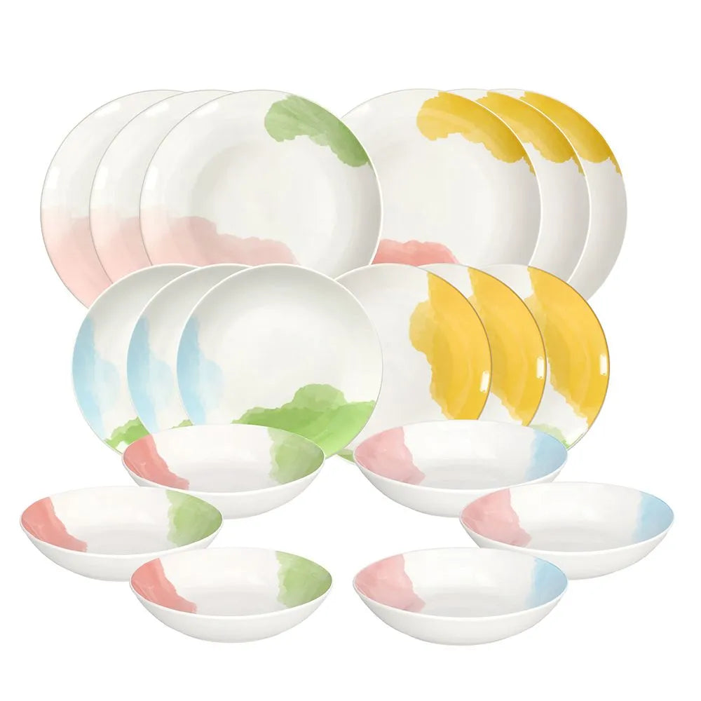 serwis obiadowy 18 elementów porcelana od scapol włoskiego producent tognana białe z pastelowym wzorem stylizowany na malowany akwarelą na białym