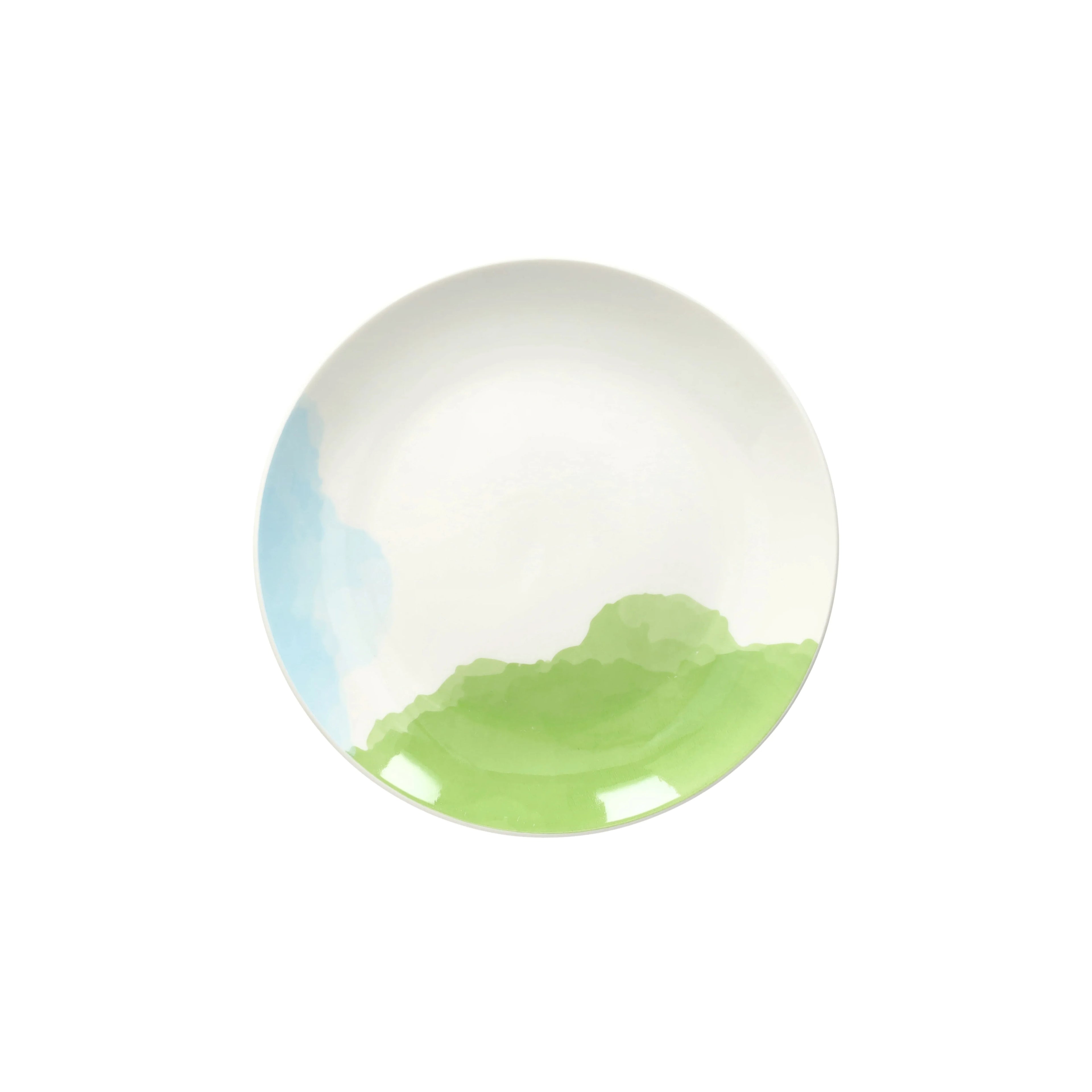 talerz deserowy niebieski z zielonym od scapol włoskiego producent tognana białe z pastelowym wzorem stylizowany na malowany akwarelą na białym tle z góry