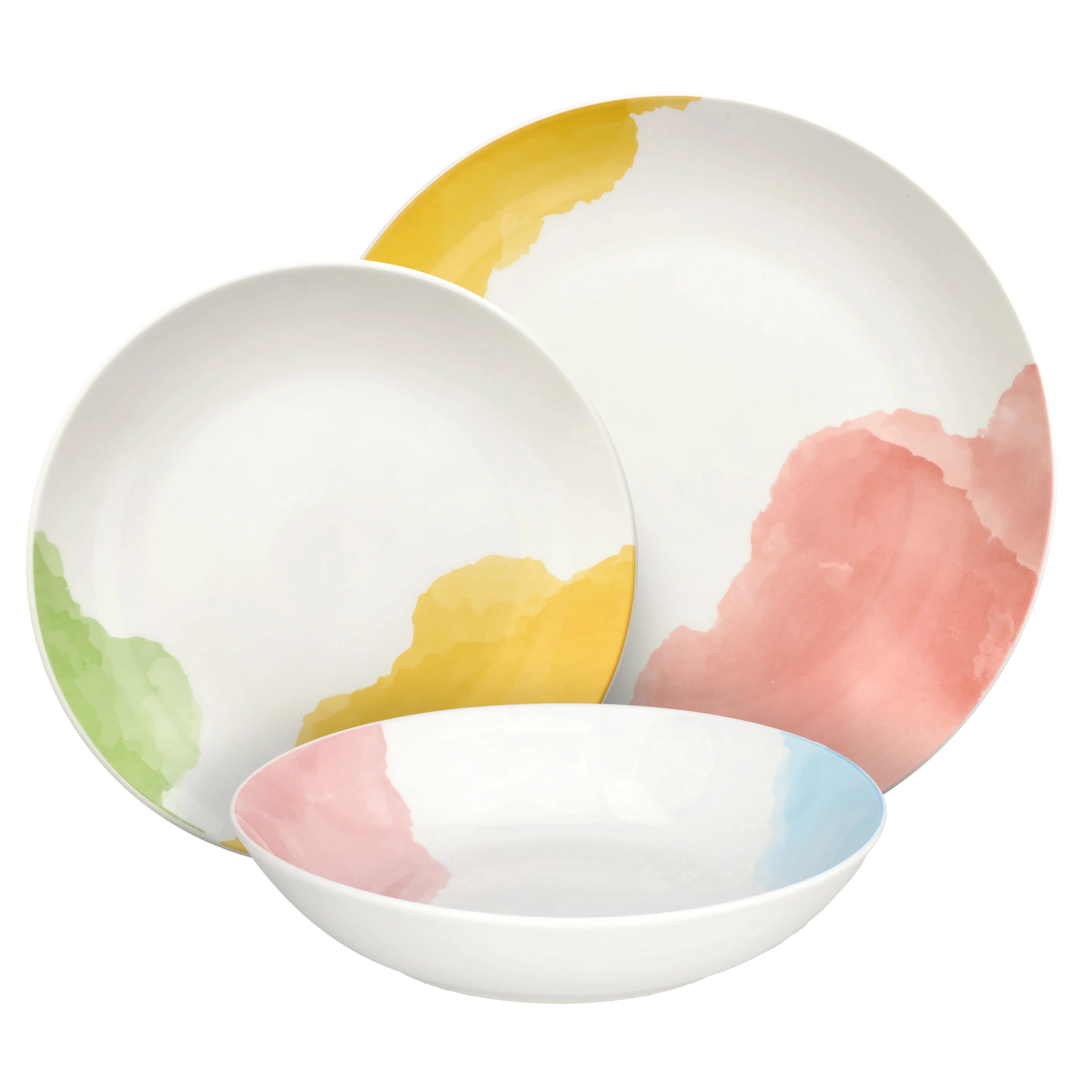 trzy talerze od scapol włoskiego producent tognana białe z pastelowym wzorem stylizowany na malowany akwarelą na białym tle