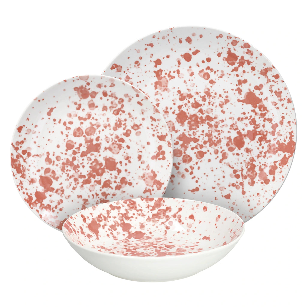 Zestaw talerzy Apulia Tognana Scapol: talerz obiadowy, soupy i deserowy, wykonane z wysokiej jakości porcelany z zielonym wzorem w plamki.