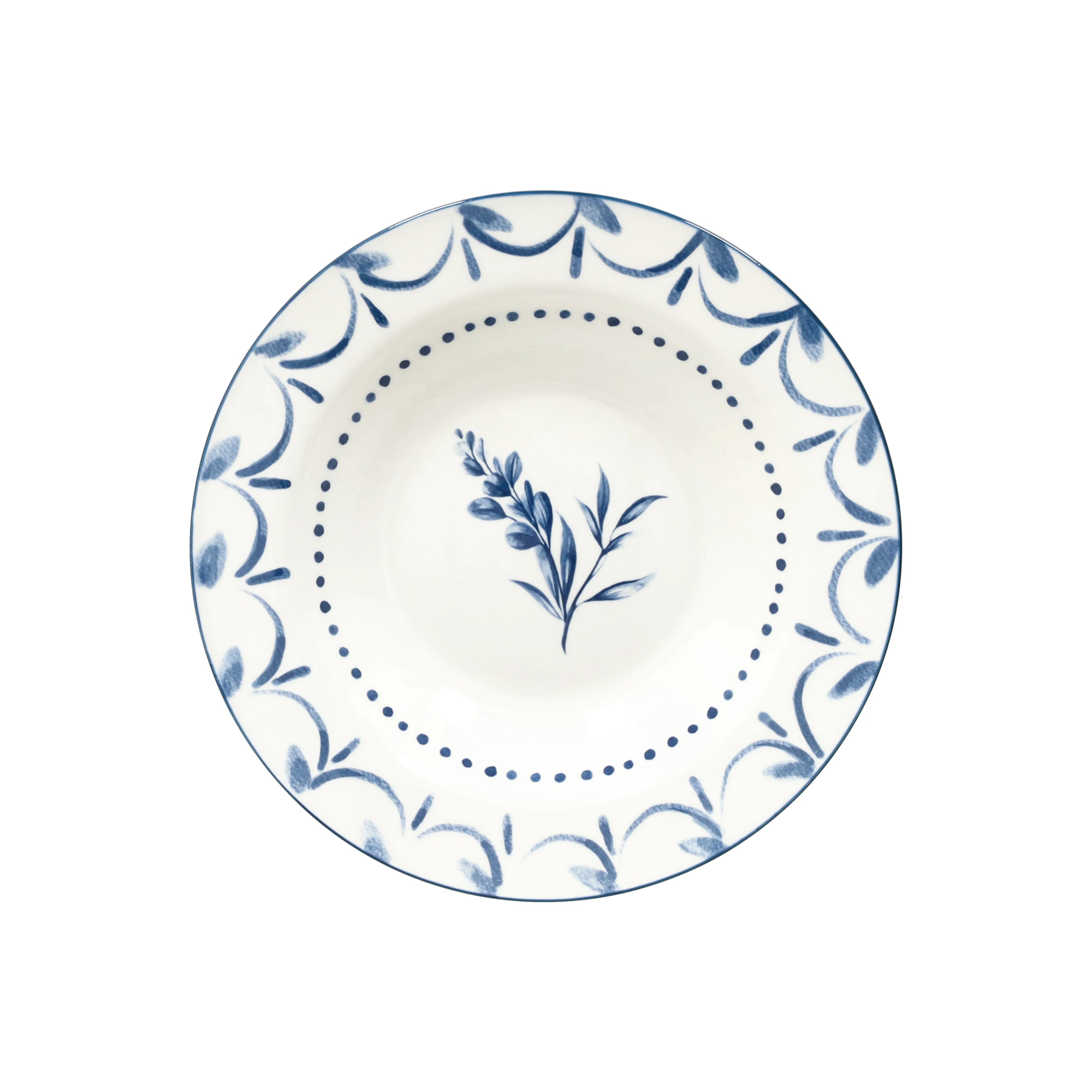 talerz do zupy głęboki z białej porcelany i niebieski delikatny wzór marki tognana blue loira widok z góry na białym tle