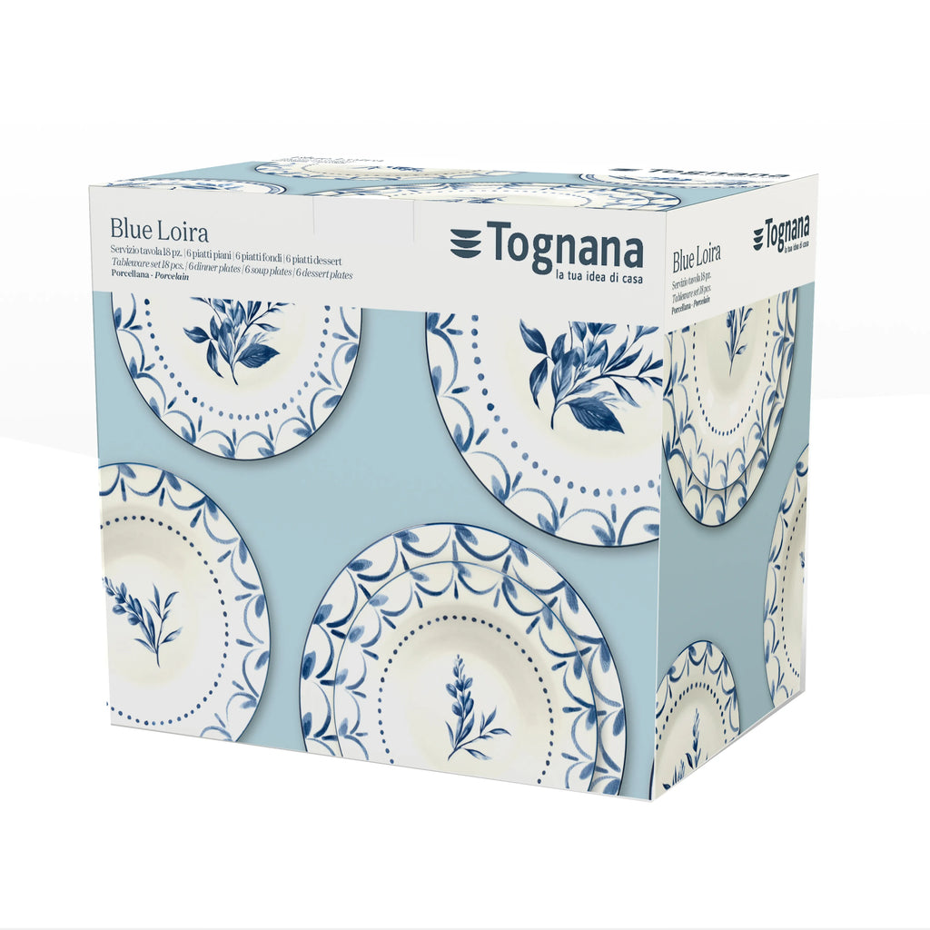 pudełko prezentowe oryginalne z serwisem obiadowym z białej porcrelany i niebieski delikatny wzór marki tognana blue loira