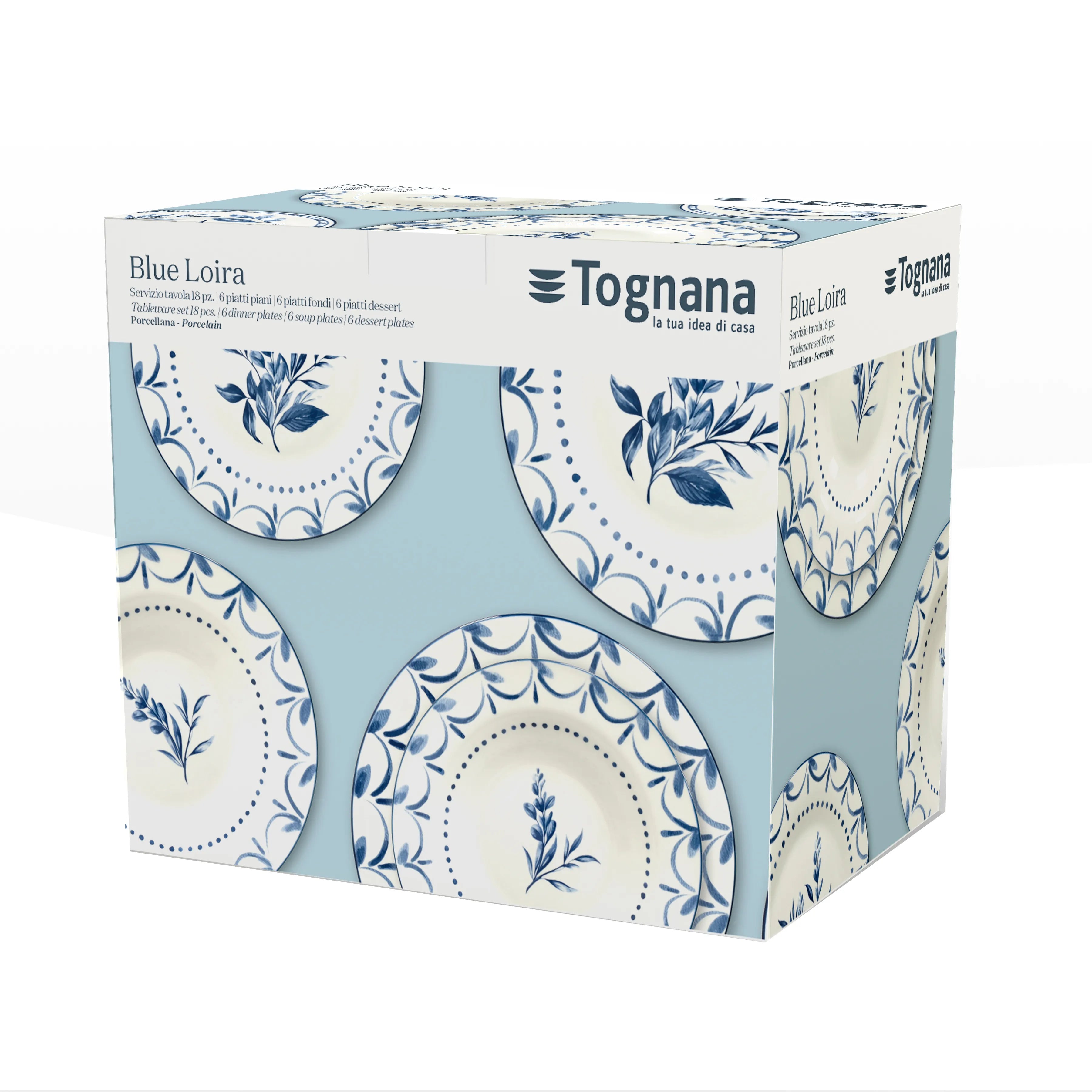 pudełko prezentowe oryginalne z serwisem obiadowym z białej porcrelany i niebieski delikatny wzór marki tognana blue loira