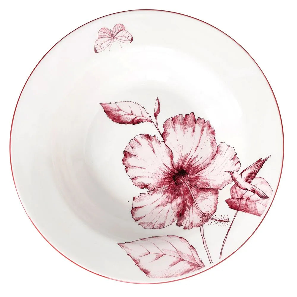 talerz głęboki do zupy colibri z motywem kwiatowym z białej porcelany i różowym wzorem który można używać w zmywarce oraz mikrofali na białym tle widok z góry