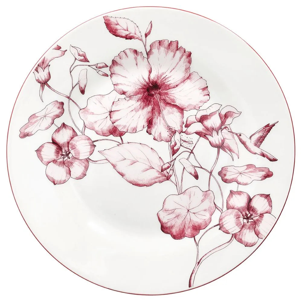 talerz obiadowy duży colibri z motywem kwiatowym z białej porcelany i różowym wzorem na białym tle widok z góry