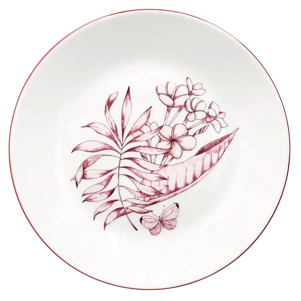 talerz deserowy do ciast i tortów colibri z motywem kwiatowym z białej porcelany i różowym wzorem na białym tle widok z góry