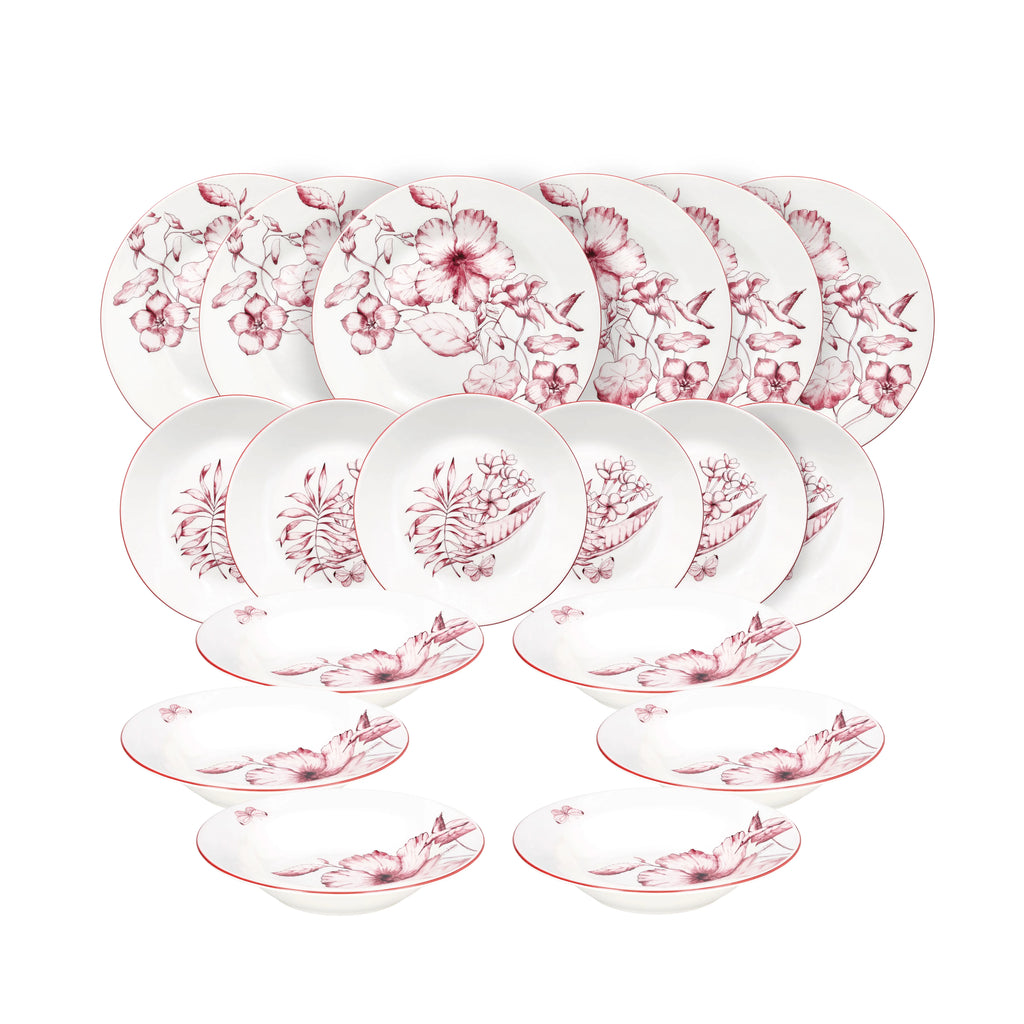 prezentacja całego serwisu obiadowego  colibri z motywem kwiatowym z białej porcelany i różowym wzorem który można używać w zmywarce oraz mikrofali na białym tle