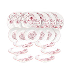 prezentacja całego serwisu obiadowego  colibri z motywem kwiatowym z białej porcelany i różowym wzorem który można używać w zmywarce oraz mikrofali na białym tle