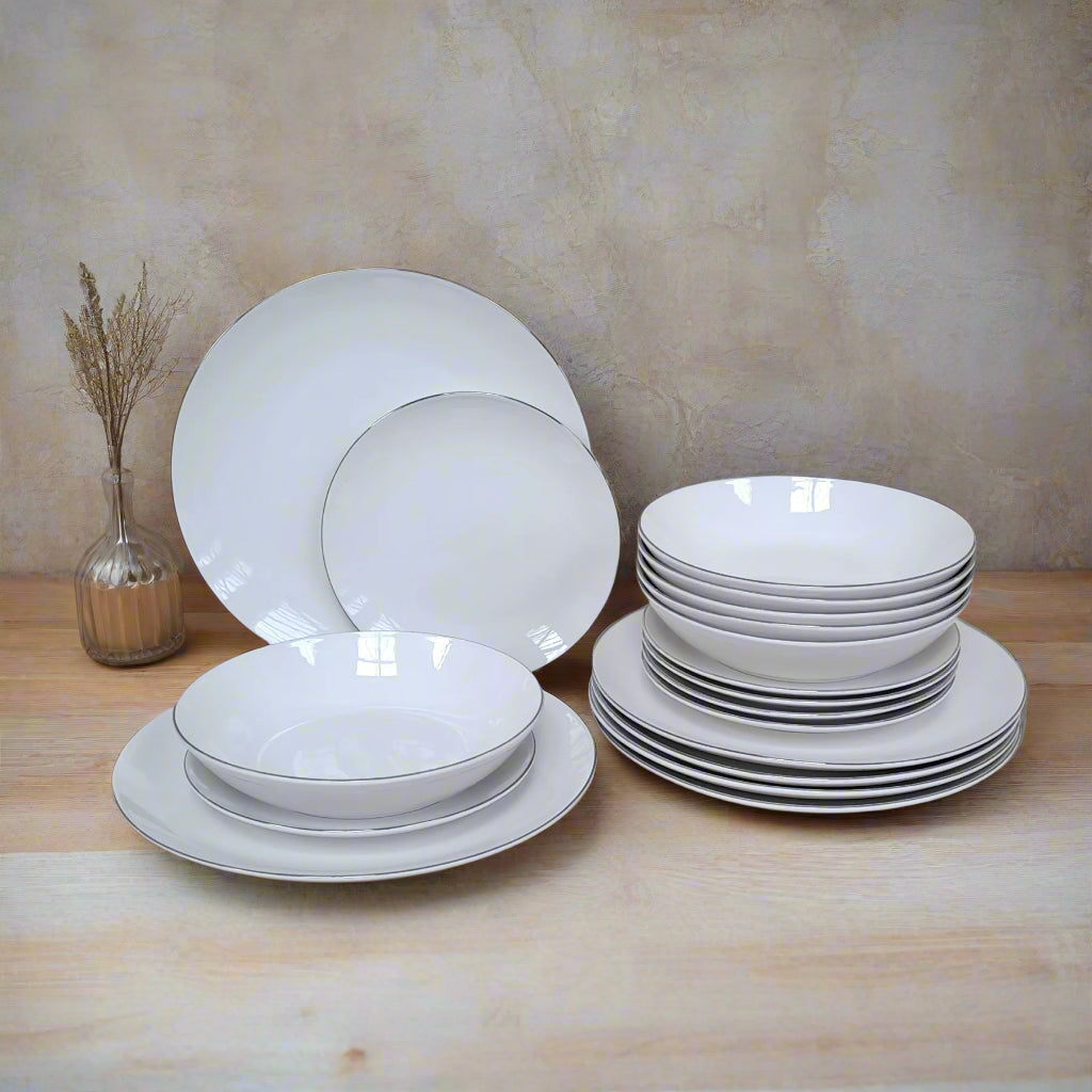 prezentacja serwisu obiadowego 18 elemnetów od scapol włoskiego producenta tognana filo platino komplet talerzy