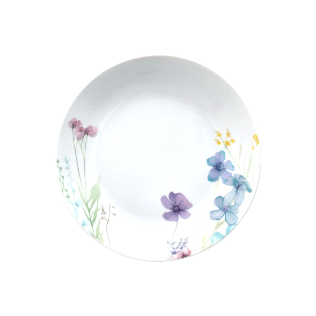 serwis obiadowy ładny delikatny idealny na prezent biały z motywem kwiatów talerz do zupy z porcelany śliczny na białym tle widok z góry