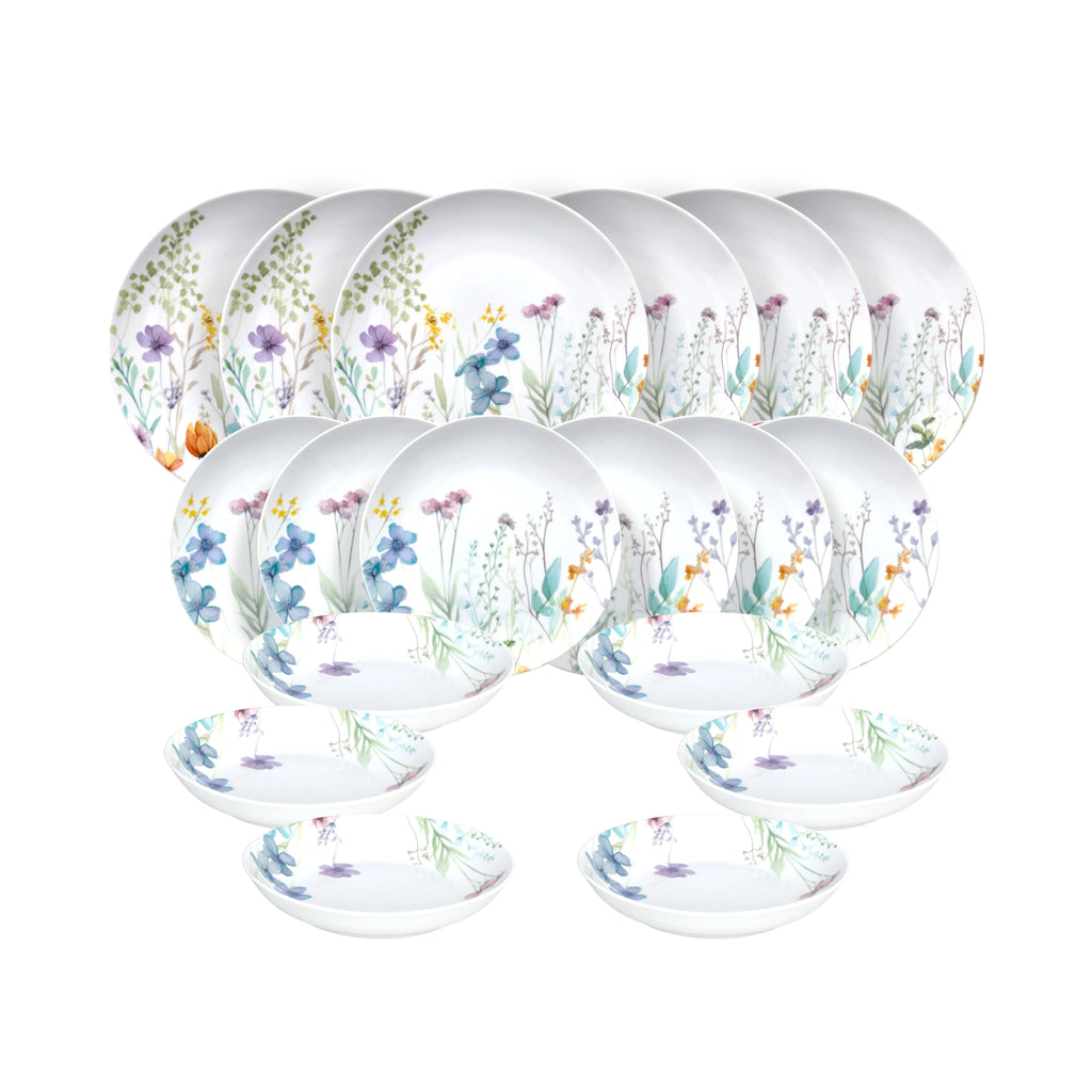 serwis obiadowy ładny delikatny idealny na prezent biały z motywem kwiatów prezentacja całej zastawy stołowej z porcelany 18 elementów na białym tle florenne