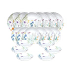 serwis obiadowy ładny delikatny idealny na prezent biały z motywem kwiatów prezentacja całej zastawy stołowej z porcelany 18 elementów na białym tle florenne