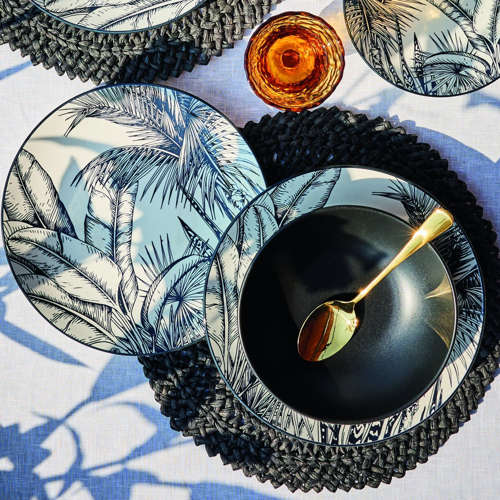 inspiracja zastawy stołowej malindi włoskiego producenta Tognana z motywem liści na talerzu obiadowym i deserowym oraz czarnym do zupy wykonanej z porcelany