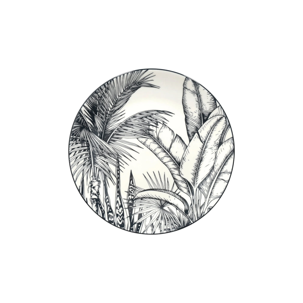 zastawa stołowa malindi włoskiej firmy prezentacja talerza obiadowego dużego z motywem czarnych liści na białym boku widok z góry