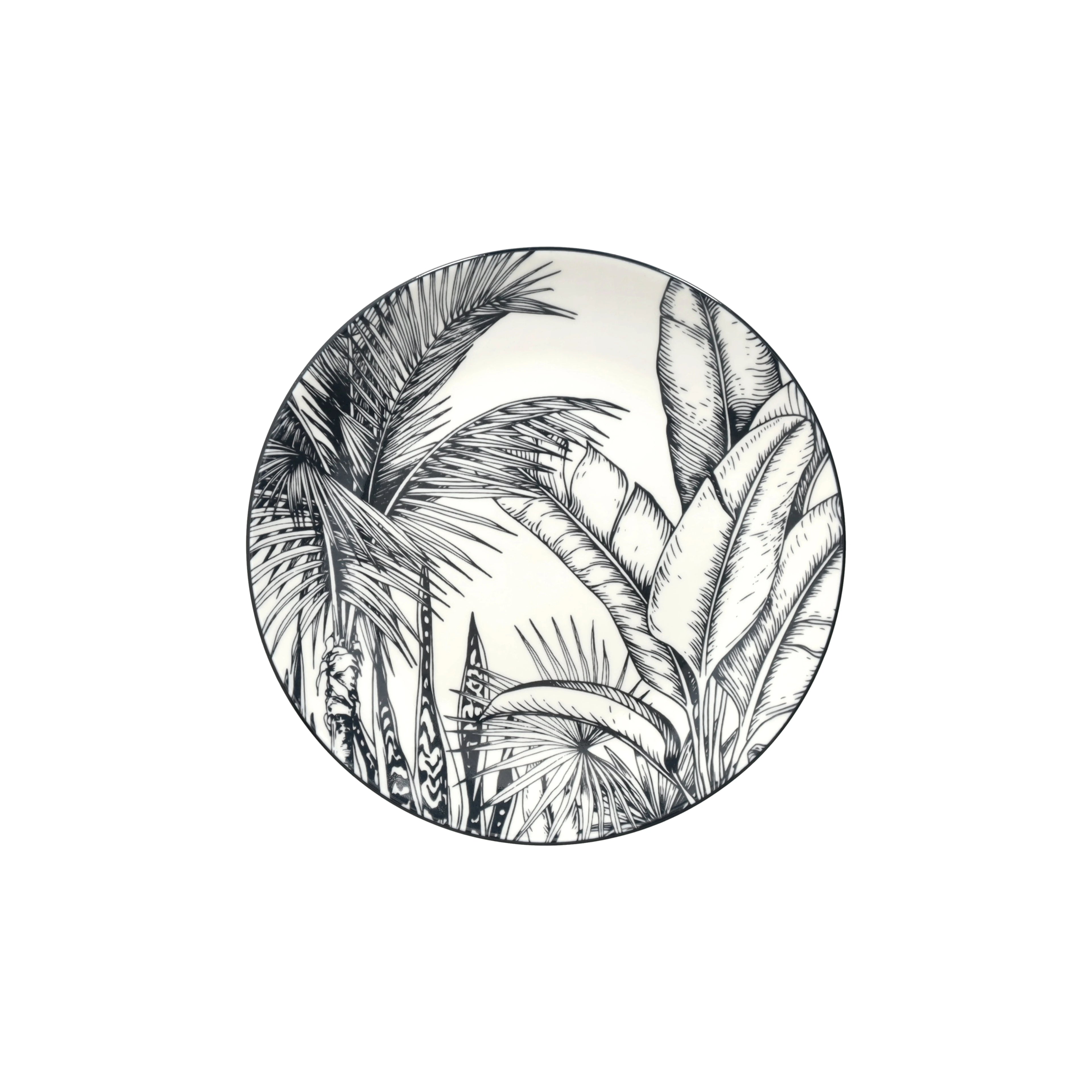 zastawa stołowa malindi włoskiej firmy prezentacja talerza obiadowego dużego z motywem czarnych liści na białym boku widok z góry