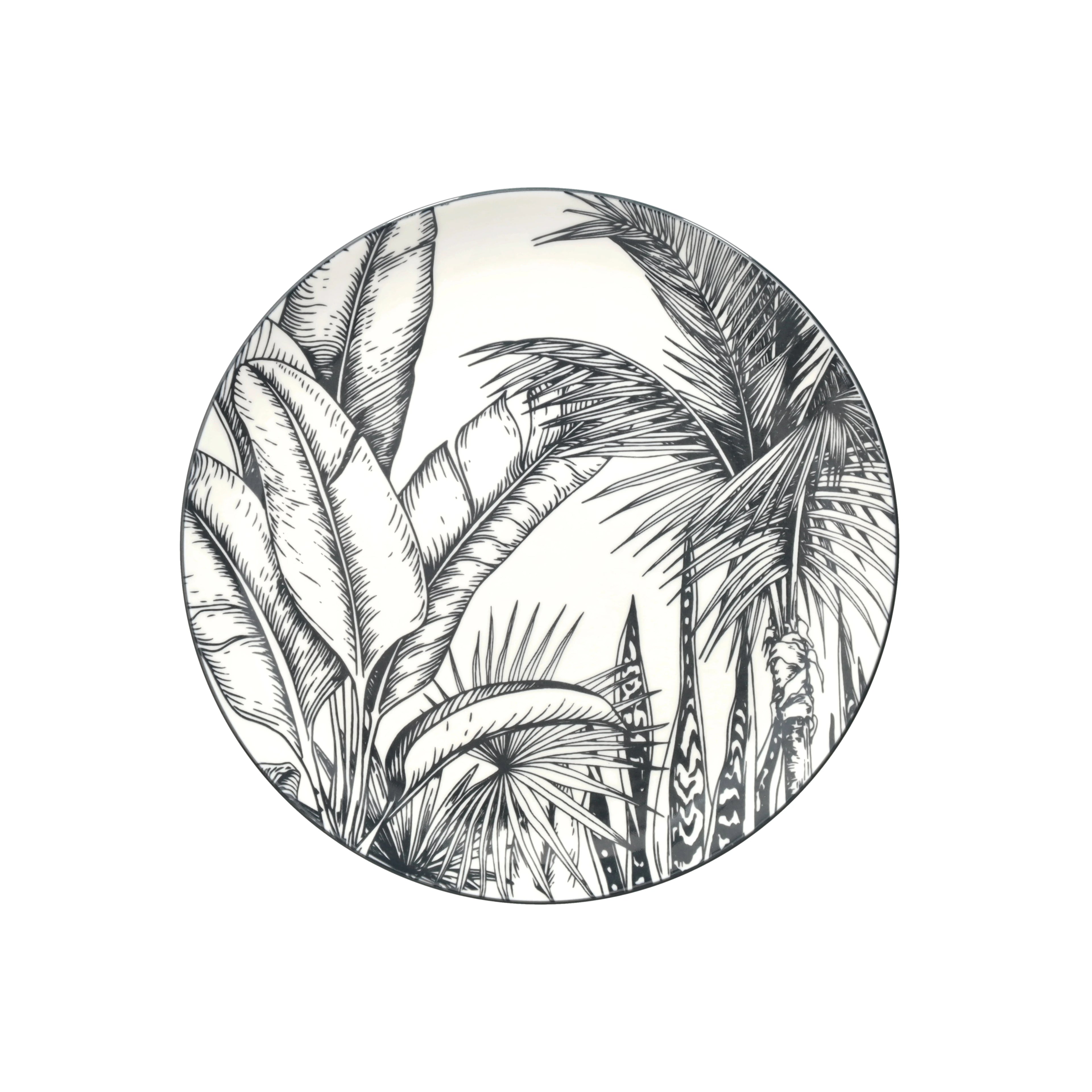 zastawa stołowa malindi włoskiej firmy prezentacja talerza deserowego z motywem czarnych liści na białym tle