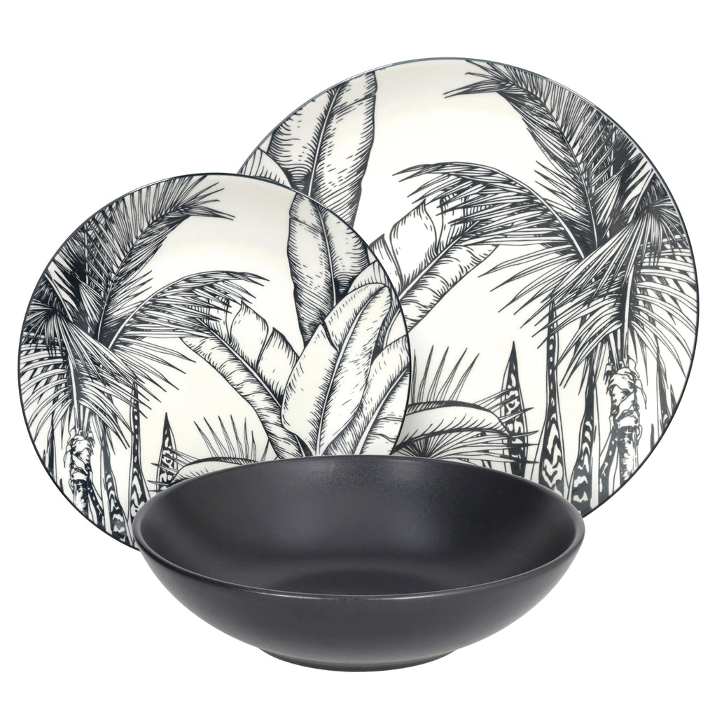 zastawa stołowa malindi włoskiej firmy prezentacja trzech talerzy obiadowego i deserowego z motywem liści oraz czarnego, głębokiego do zupy na białym tle