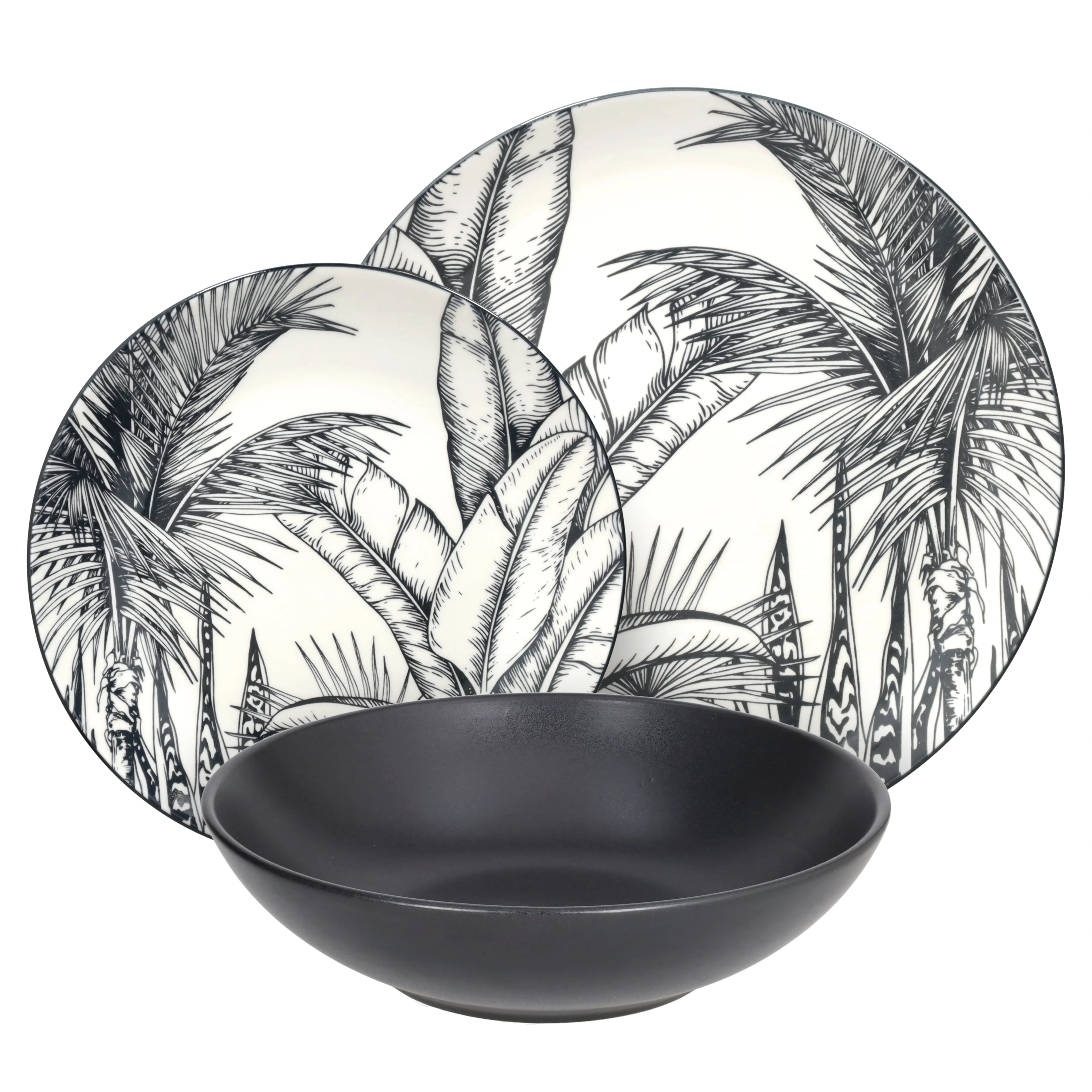 zastawa stołowa malindi włoskiej firmy prezentacja trzech talerzy obiadowego i deserowego z motywem liści oraz czarnego, głębokiego do zupy na białym tle