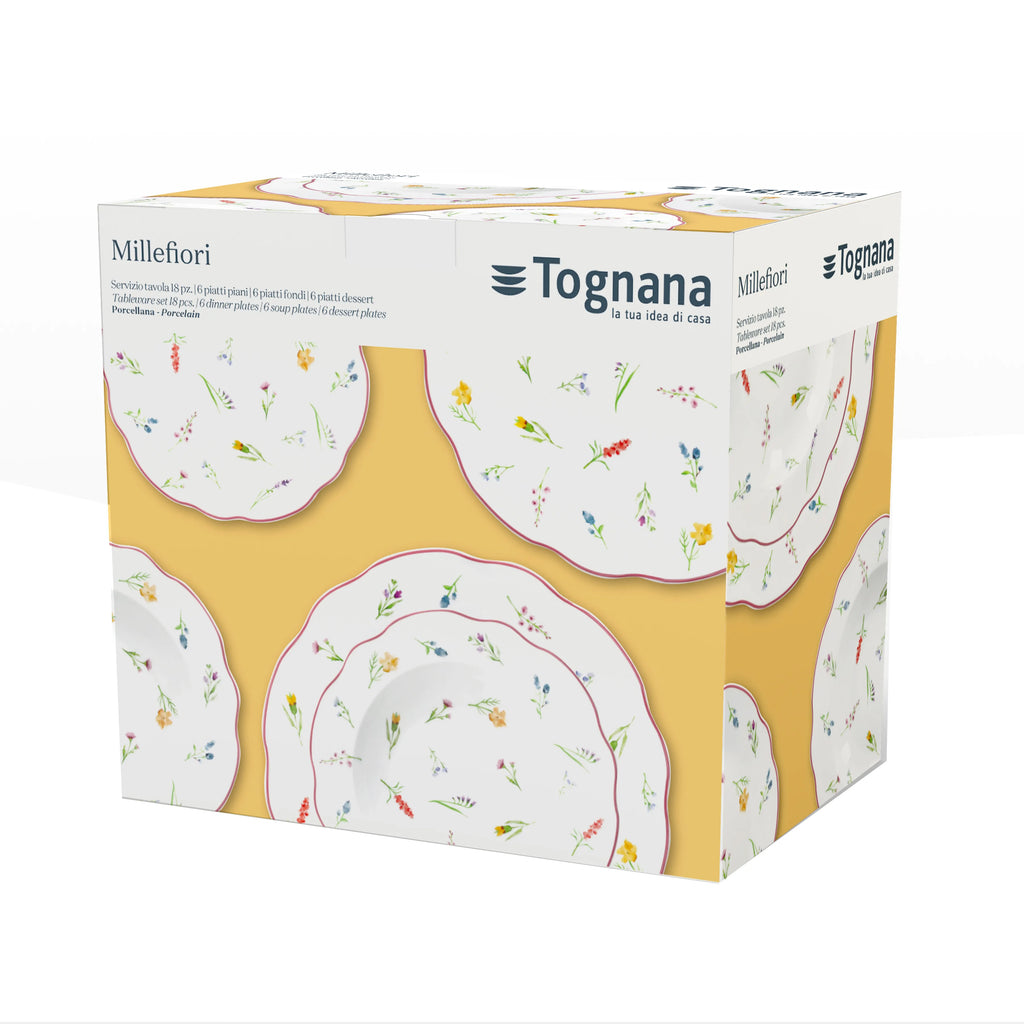pudełko prezentowe do serwis obiadowy z porcelany biały w delikatne kwiaty od scapol Millefiori Tognana 18 elementów